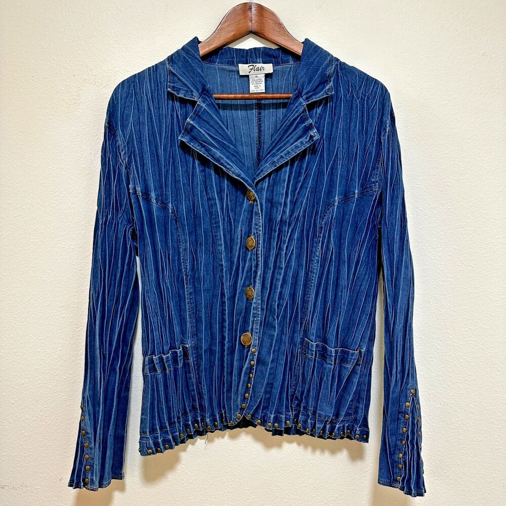 Flair Blue Women‎ Blazer XL Jean Unique Textured Folded Accordion Boho VTG